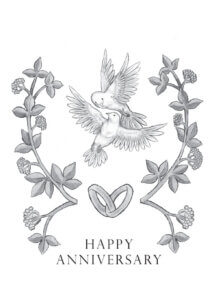 Anniversary card with doves, wedding rings, and floral design