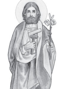 Saint Joseph holding a lily and carpenter’s tools