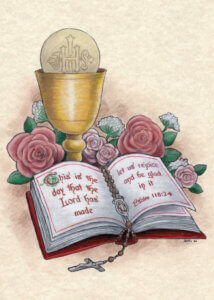 Chalice with Eucharist, open Bible, rosary, and roses