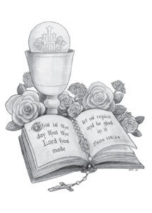 Chalice with Eucharist, open Bible, rosary, and roses