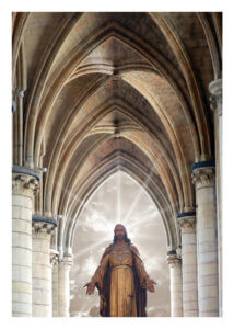 Statue of Christ with radiant light in a cathedral archway