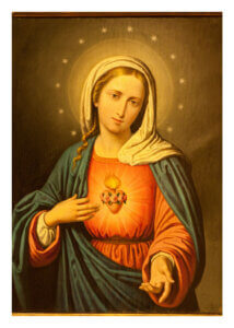 Sacred Heart of Mary painting with radiant halo and stars