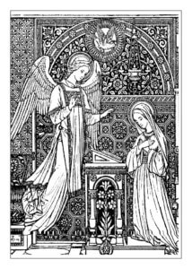 Line art of the Annunciation with Angel Gabriel and the Virgin Mary
