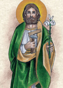 Saint Joseph holding a lily and carpenter’s tools