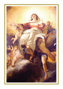 Virgin Mary assumed into heaven surrounded by angels