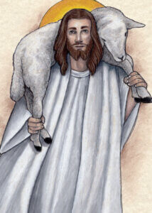 Jesus the Good Shepherd carrying a lamb on His shoulders