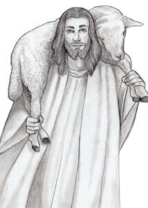 Jesus the Good Shepherd carrying a lamb on His shoulders