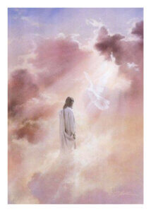 Jesus in the clouds with a dove and rays of heavenly light