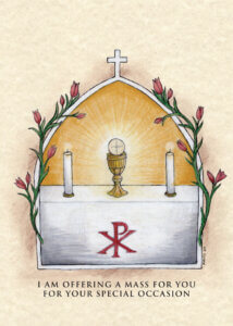 Mass card illustration of an altar with chalice, Eucharist, and candles