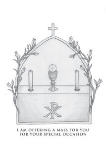 Mass card illustration of an altar with chalice, Eucharist, and candles