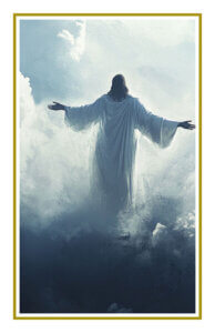Jesus in white robe with open arms ascending into the clouds