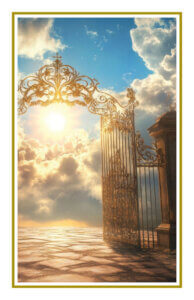 Golden gates of heaven opening to bright sunlight and clouds