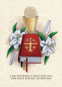 Catholic Mass card with chalice, host, Bible, and lilies