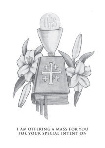 Catholic Mass card with chalice, host, Bible, and lilies