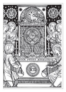 Black and white illustration of angels kneeling before the Eucharistic altar with the Lamb of God