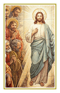 Mosaic of Jesus Christ with apostles and rays of divine light