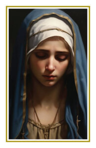 Prayer card image of the Virgin Mary in sorrowful reflection