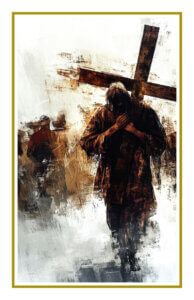 Artistic depiction of Jesus carrying the cross with somber expression