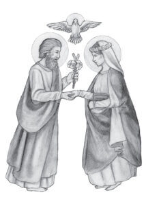 Catholic wedding Mass card with St. Joseph, Virgin Mary, and dove of the Holy Spirit