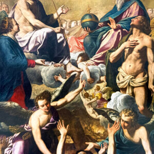 Painting of the Holy Trinity with souls in purgatory reaching upward