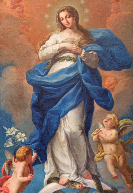 Artwork of the Immaculate Conception with Mary in blue and white robes surrounded by cherubs