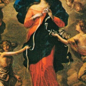 Painting of Our Lady Undoer of Knots untying a white ribbon, surrounded by angels