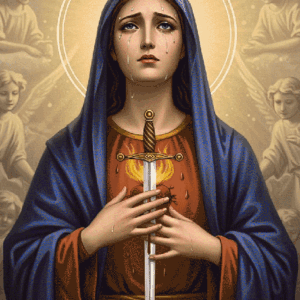 Image of Our Lady of Sorrows with tears and a sword piercing her heart, symbolizing suffering and devotion