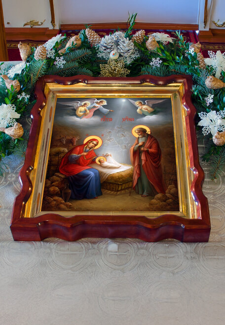 Icon of the Nativity of the Lord showing Mary, Joseph, and the infant Jesus in the manger