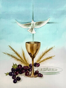 Dove above a golden chalice with grapes and wheat symbolizing the Eucharist