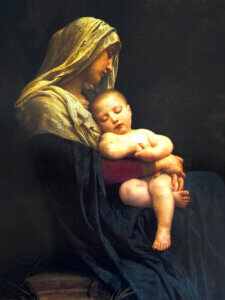 Mary tenderly holding the Child Jesus in her arms