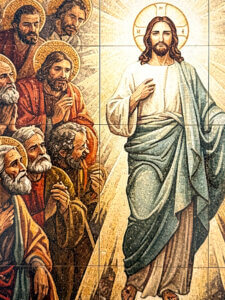 Mosaic of Jesus Christ with apostles and rays of divine light