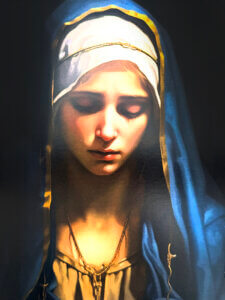 Prayer card image of the Virgin Mary in sorrowful reflection
