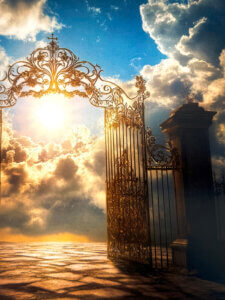 Golden gates of heaven opening to bright sunlight and clouds