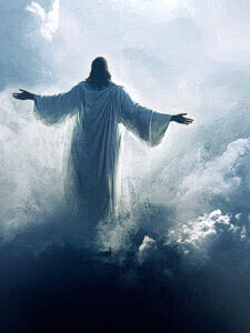 Jesus with arms outstretched in the clouds symbolizing hope and resurrection