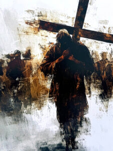 Jesus carrying the cross surrounded by figures in a dramatic, textured scene