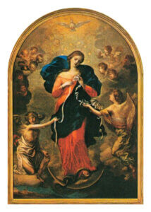 Image of Our Lady surrounded by angels, holding a ribbon.