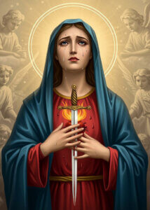 Image of Our Lady of Sorrows with sword and angels.