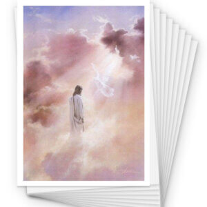 Illustration of Jesus standing in radiant clouds with a white dove descending in light, featured in the Legionaries of Christ Mass card packs.