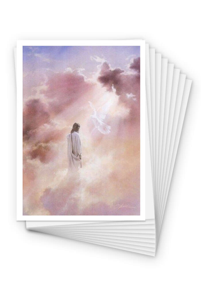 Illustration of Jesus standing in radiant clouds with a white dove descending in light, featured in the Legionaries of Christ Mass card packs.