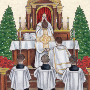 Priest celebrating Christmas Mass at the altar with altar servers and Christmas trees – Group Novena Christmas Card