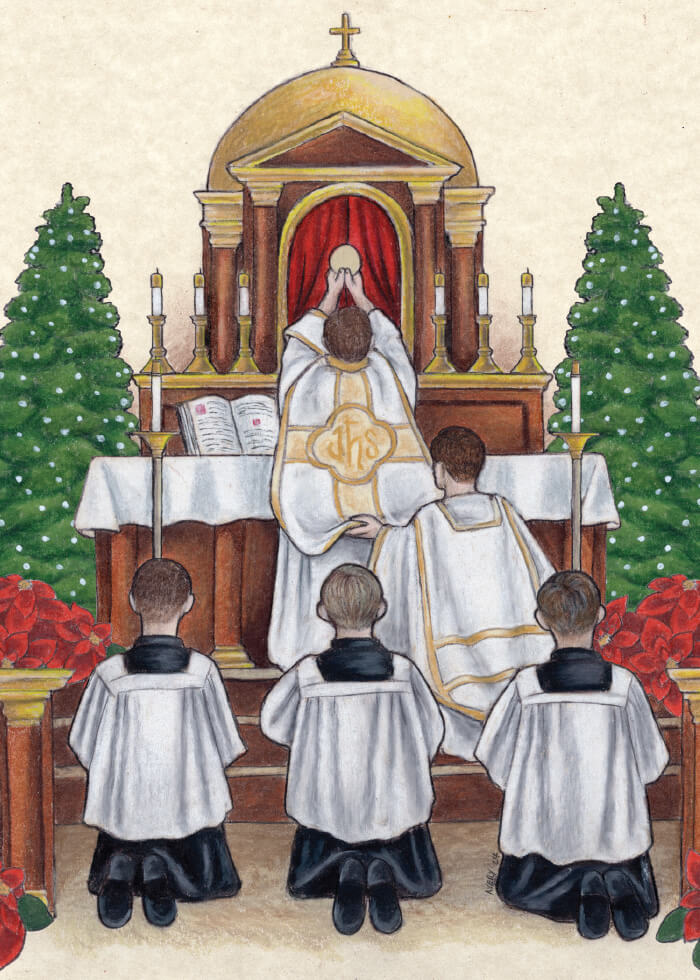 Priest celebrating Christmas Mass at the altar with altar servers and Christmas trees – Group Novena Christmas Card