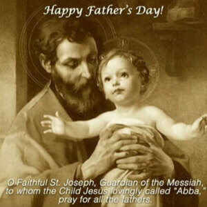St. Joseph holding the Child Jesus in sepia artwork with “Happy Father’s Day” text