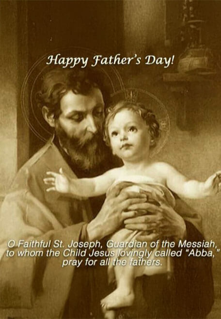St. Joseph holding the Child Jesus in sepia artwork with “Happy Father’s Day” text