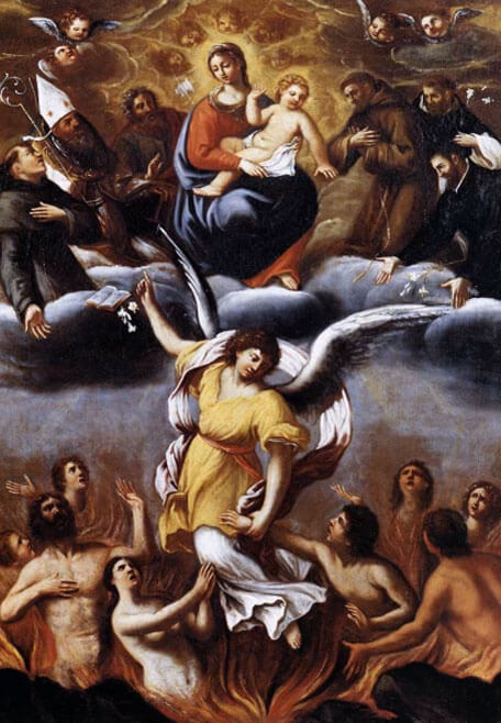Mary and the Child Jesus with angels aiding souls in purgatory in a sacred painting