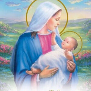 Blessed Virgin Mary holding the infant Jesus surrounded by flowers