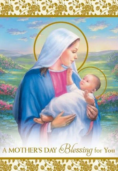 Blessed Virgin Mary holding the infant Jesus surrounded by flowers
