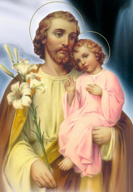 Sacred image of St. Joseph with the Child Jesus and white lilies