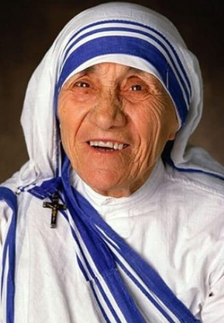 Portrait of St. Teresa of Calcutta in white and blue habit smiling