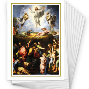 Classical sacred art depiction of the Transfiguration of Jesus with apostles below, featured in the Legionaries of Christ Repose of the Soul 10-Pack.