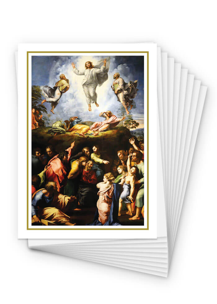 Classical sacred art depiction of the Transfiguration of Jesus with apostles below, featured in the Legionaries of Christ Repose of the Soul 10-Pack.